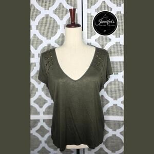 h.i.p. Happening In The Present Green V-Neck Ant. Gold-Bronze Studded Top